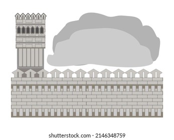 Festung, Mauer und Turm aus Stein, Muster in grauen Tönen, auf transparentem Hintergrund, mit Platz für Text