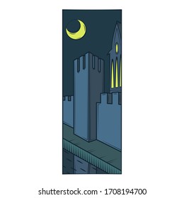 Fortress wall tower, protective moat, reflection in the water. Moonlight night.Flat minimal linework hand drawing icon illustration . Pastel color vertical logo.