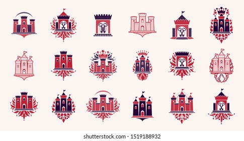 Fortresses emblems vector emblems big set, castles heraldic design elements collection, classic style heraldry architecture symbols, antique forts and citadels.