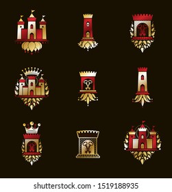 Fortresses emblems vector emblems big set, castles heraldic design elements collection, classic style heraldry architecture symbols, antique forts and citadels.