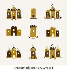 Los emblemas de las fortalezas emblemas vectoriales gran conjunto, castillos de diseño heráldico colección de elementos, estilo clásico símbolos de arquitectura heráldica, fuertes antiguos y cítadels.