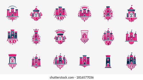 Fortresses emblems vector emblems big set, castles heraldic design elements collection, classic style heraldry architecture symbols, antique forts and citadels.