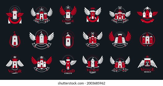 Fortresses emblems vector emblems big set, castles heraldic design elements collection, classic style heraldry architecture symbols, antique forts and citadels.