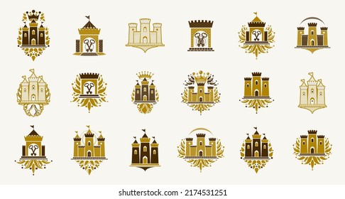 Fortresses emblems vector emblems big set, castles heraldic design elements collection, classic style heraldry architecture symbols, antique forts and citadels.