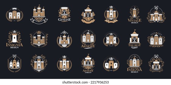 Fortresses emblems vector emblems big set, castles heraldic design elements collection, classic style heraldry architecture symbols, antique forts and citadels.