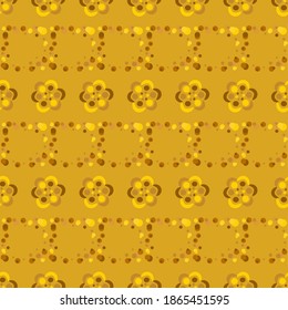 Fortuna gold geometric pattern of small and large circles and bubbles. Fortuna gold background with yellow, brown flower