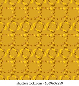 Fortuna patrón geométrico oro de círculos pequeños y grandes y burbujas. Fondo de oro de Fortuna con flor amarilla y marrón