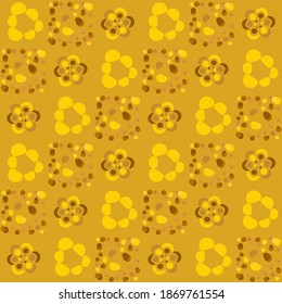 Fortuna gold geometric pattern of small and large circles and bubbles. Fortuna gold background with yellow, brown flower