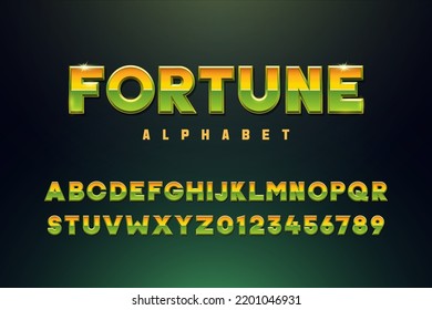 The Fortune Alphabet. Vector golden yellow and green three dimensional font effect. Metal 3d typeface. Alphabet design for casino, premium, money, business, games and other concepts