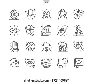 Fortune. Book of predictions. Fortune teller. Chinese money cat. Good luck, risk, gamble, divination and entertainment. Fortune Wheel. Pixel Perfect Vector Thin Line Icons. Simple Minimal Pictogram