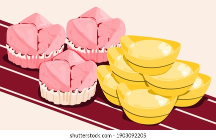 Fortune cake or fa gao and golds on red plate mat. Isolated close up hand drawing vector illustration.  