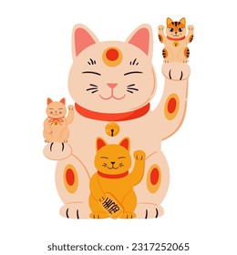 Fortune cat. Cartoon Japanese lucky maneki neko cat, oriental traditional cat toy flat vector illustration