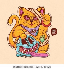 Fortune Cat Hand Drawn Color Vector Doodle Illustration