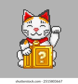 Fortune cat with a mysterious box, pixel art animal