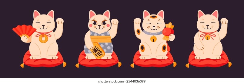 Fortune cats. Cute traditional Japanese lucky cats, asian maneki neko fortune cat toys flat vector illustration set. Cartoon maneki neko on pillows