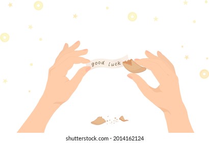 Fortune Chinese  cookies and  Blank Slip in Woman’s Hands. Crush cookies with  blank  note for wishes. Trendy vector illustration isolated on white. Good for web and print