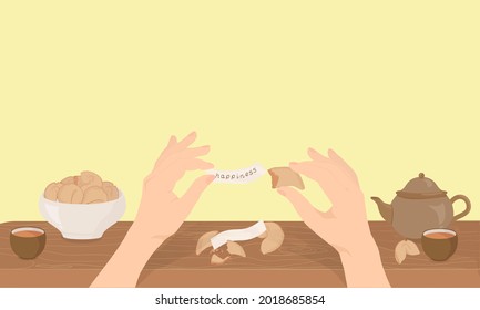 Fortune Chinese  cookies. Paper with wishes  in Woman’s Hands. Crush cookies with  blank  note for wishes. Tea ceremony and crush cookies with  blank  note for wishes. Good for web and print