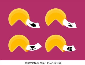 Fortune cookie bad set. death and robber on paper prediction. Vector illustration