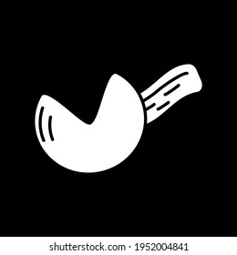 Fortune cookie dark mode glyph icon. Chinese cracker with prediction on note. Wish luck. Message with fortune telling. White silhouette symbol on black space. Vector isolated illustration