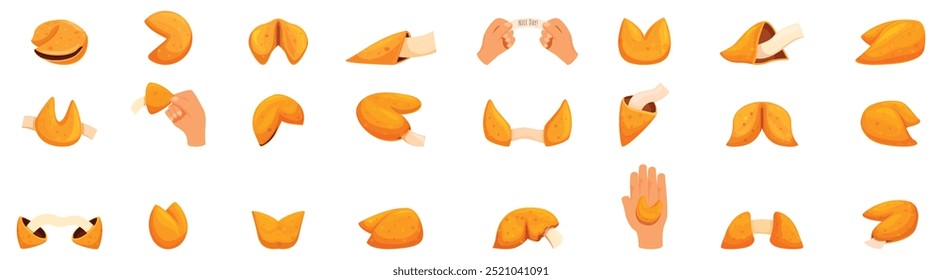 Fortune cookie icons set. Fortune cookie set with hand holding prediction paper and gesture icons set cartoon style on white background