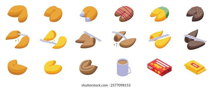 Fortune cookie icons set. Set of isometric fortune cookies, some opened with prediction slips, boxes, and a cup of coffee, representing chinese new year traditions and cuisine