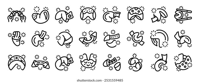 Fortune cookie icons set. Line art icon set of fortune cookies being opened, held, and with messages coming out