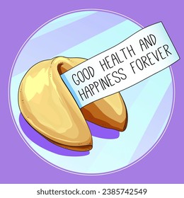 Fortune cookie with a lucky phrase. Greeting card, gratitude card, banner, flyer. Vector illustration. 