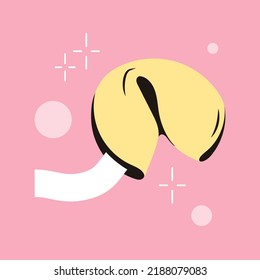 Fortune cookie with prediction paper. Traditional Chinese flowerless wisdom cookies. A fun lottery with a surprise in a crispy dessert. Vector illustration retro style 70s