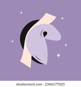 Fortune cookie with prediction paper. Traditional Chinese flowerless wisdom cookies. A fun lottery with a surprise in a crispy dessert. Vector illustration retro style 70s