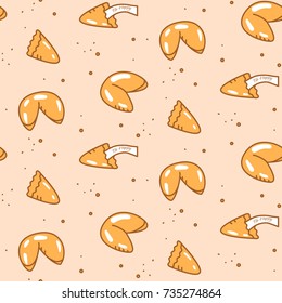 Fortune cookie seamless vector pattern. Cartoon style biscuit and crumbs on light pink background.