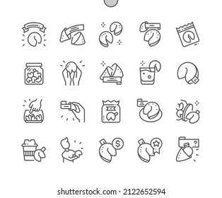 Fortune cookie. Traditional crispy. Fun, lucky lottery. Fortune cookie proposal. Pixel Perfect Vector Thin Line Icons. Simple Minimal Pictogram