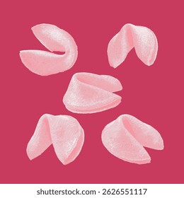 Biscoito da sorte, vetor de biscoito da sorte, ilustração de biscoito da sorte, desenho de linha em fundo rosa.