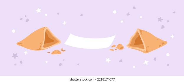 Pancarta de galletas de la fortuna. Abre dulce con papel en blanco para el mensaje, deseando, sorpresa. Fondo de color lavanda con estrellas y formas abstractas. Ilustración vectorial mágica con comida asiática craqueada.