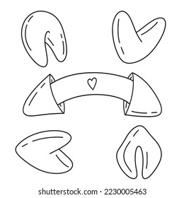 fortune cookies hand drawn doodle icon set. Asian food. Simple outline contour sketch drawing collection of special Chinese biscuit with paper note with prediction or motto. 