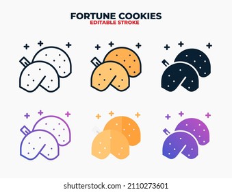 Fortune Cookies icon set with different styles. Icons designed in filled, outline, flat, glyph and line colored. Editable stroke and pixel perfect. Can be used for web, mobile, ui and more.