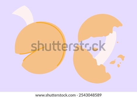Fortune cookies illustration. Closed and opened Chinese shortbread with blank paper for message, wishing, surprise. Vector illustration on flat style