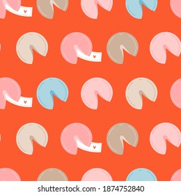 Fortune cookies on red seamless pattern. Trendy Valentine's day pattern design. Hand drawn repeatable vector pattern. Cute love pattern for web and print. Love concept.