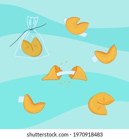 Fortune cookies with prediction inside on red background. Flat vector illustration. Vector illustration