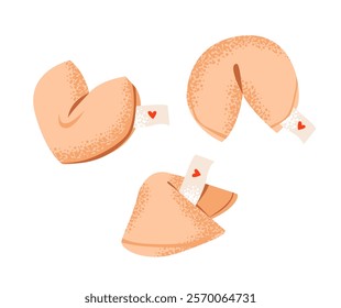 Fortune cookies with romantic messages. Valentine's Day traditions with sweet confections. Festive flat vector.