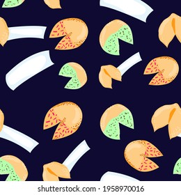 Fortune cookies seamless pattern. Cartoon vector illustration on dark background.