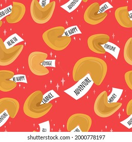 fortune cookies seamless pattern. Stylish background with Chinese traditional vanilla cookies. piece of paper with aphorism, dictum, prediction is baked inside. Vector illustration, flat