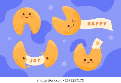 Fortune cookies set. Homemade pastry and bakery with paper with wishes. Goliday and festival food. Poster or banner. Cartoon flat vector collection isolated on blue background