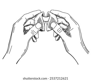 Vetor de esboço de biscoitos da Fortune projetado. Biscoitos da sorte nas mãos. Pessoa segurando e aberto biscoito sorte. Bom dia de previsão, tradicional. Biscoito doce chinês com previsões de futuro