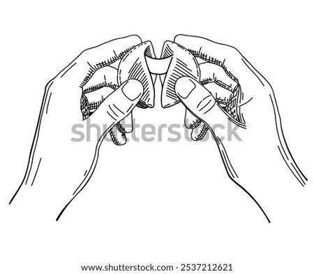 Fortune cookies sketch vector designed. Fortune cookies in hands. Person holding and open luck biscuit. Good day forecasting, traditional. Chinese sweet cookie with predictions of future