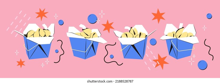 Fortune cookies in a wok box with a handle. Packaging of traditional sponge cake. Asian food culture. Takeaway paper bag isolated on pink background. Vector flat retro illustration.