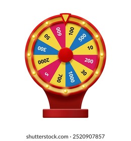 Fortune or gambling wheel with pointer and sum of prize. Vector realistic lottery game in casino, spinning roulette and winning money in raffle entertainment. Machine with lights and numbers