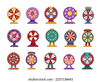 Fortune game prize set, roulette wheel flat style illustration. Circle modern target, luck spin in lottery, success win in casino. Casino entertainment element. Vector design tidy icons