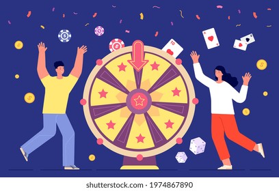 Fortune game winner. Wheels rotation, lucky people spinning roulette wheel. Woman lottery playing, win success gambling utter vector concept