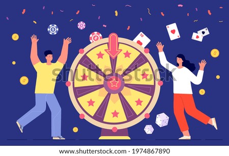 Vector Fortune game winner. Wheels rotation, lucky people spinning roulette wheel. Woman lottery playing, win success gambling utter vector concept