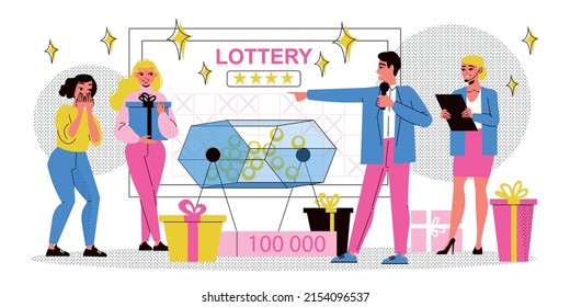 Fortune games flat image with people winning bingo lottery prizes vector illustration